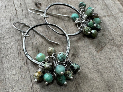 Rustic silver hoops with African turquoise bead cluster