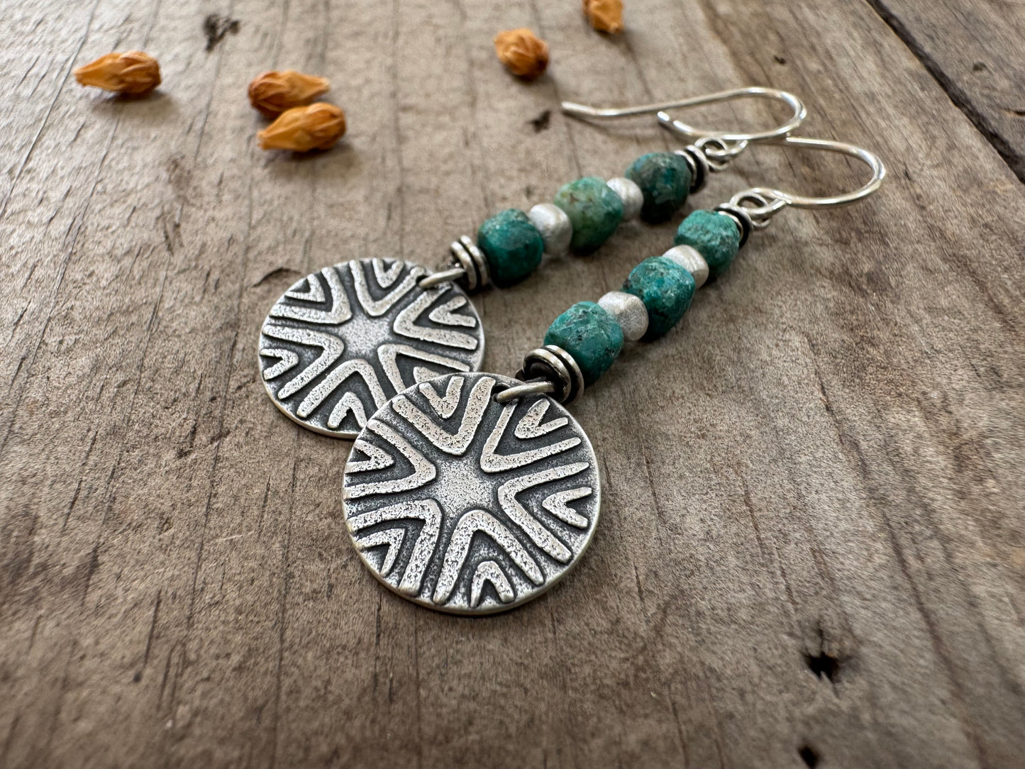 Tribal-style geometric design with turquoise bead stack