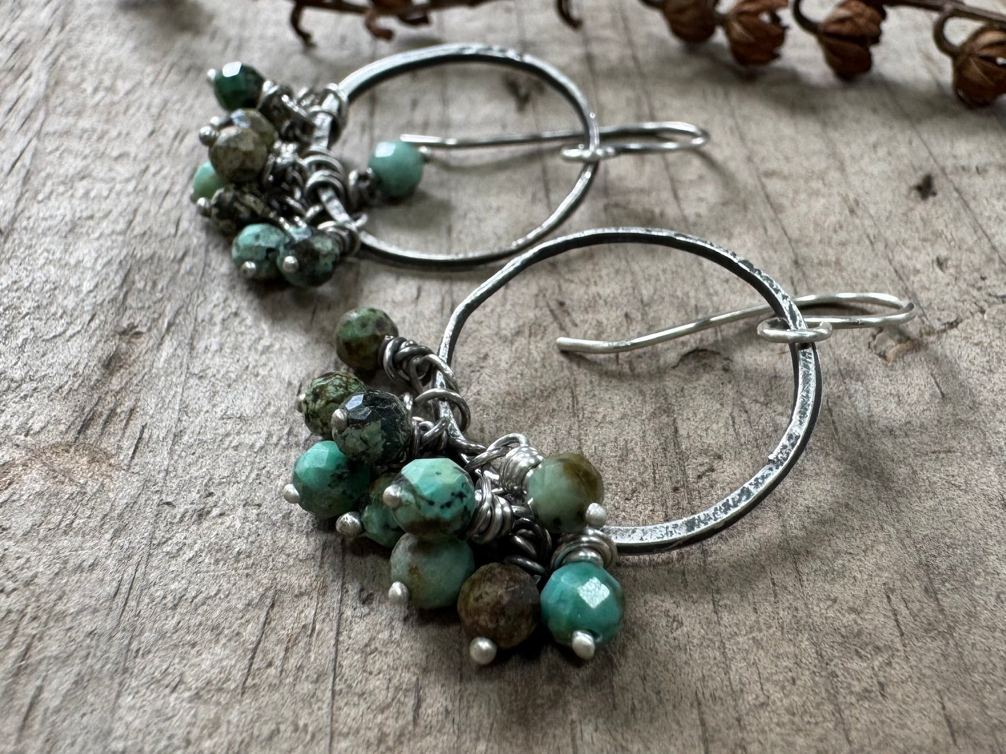 Rustic silver hoops with African turquoise bead cluster