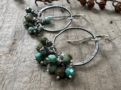 Rustic silver hoops with African turquoise bead cluster
