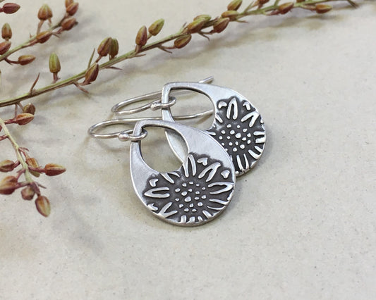 Silver teardrop earrings with sunflower design