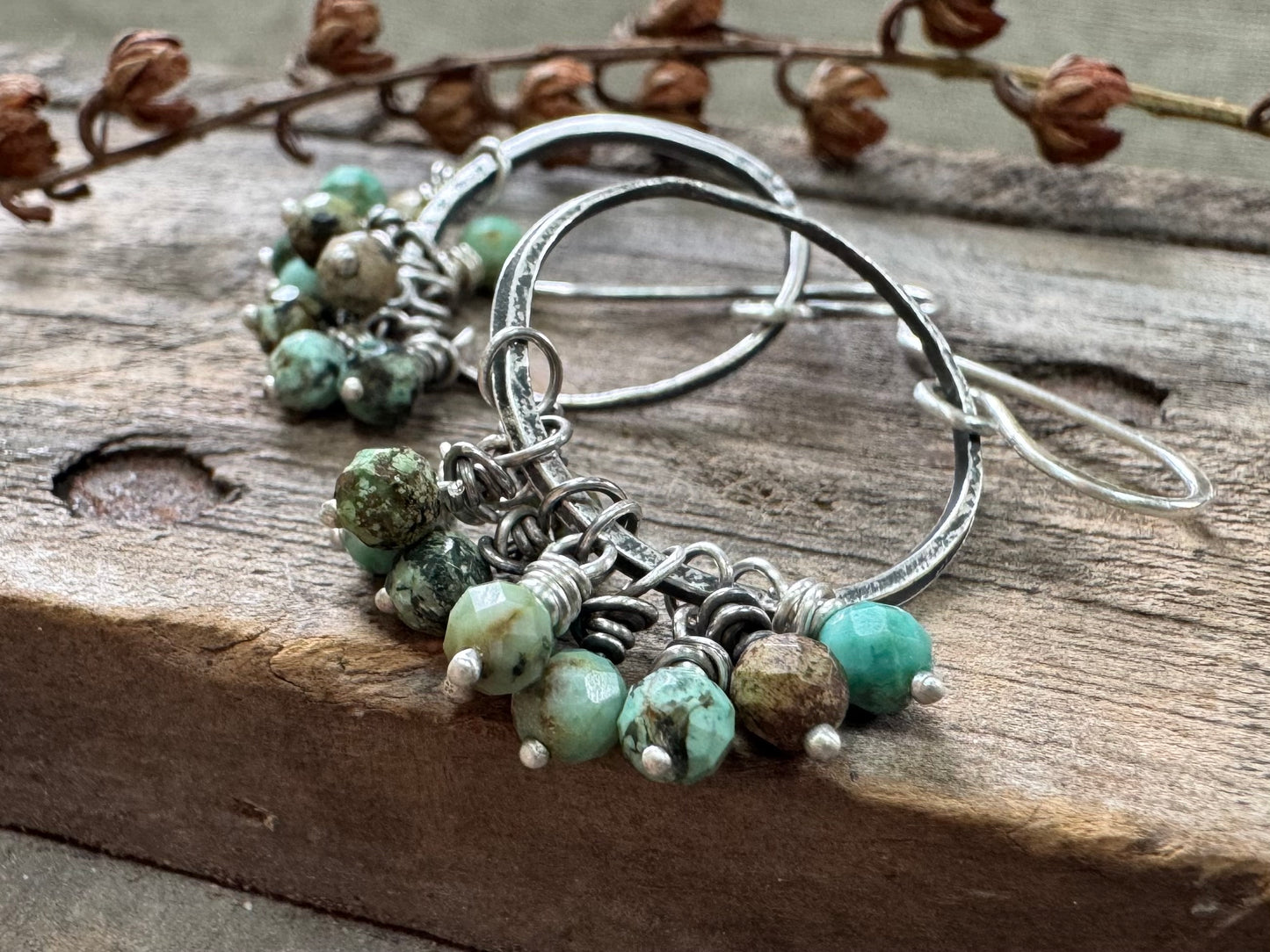 Rustic silver hoops with African turquoise bead cluster
