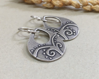 Primitive botanical design teardrop earrings in sterling silver