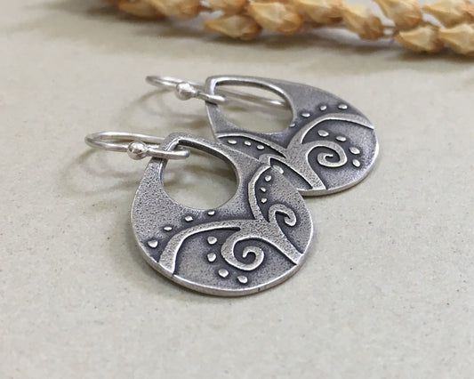 Primitive botanical design teardrop earrings in sterling silver