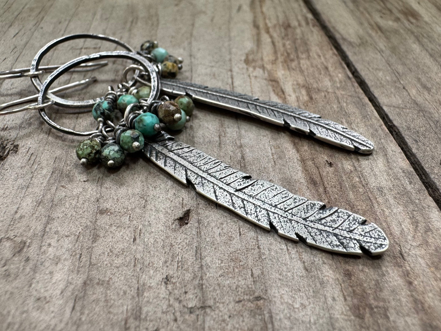 Bohemian silver feather earrings with African turquoise