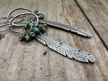 Bohemian silver feather earrings with African turquoise