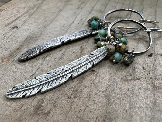 Bohemian silver feather earrings with African turquoise