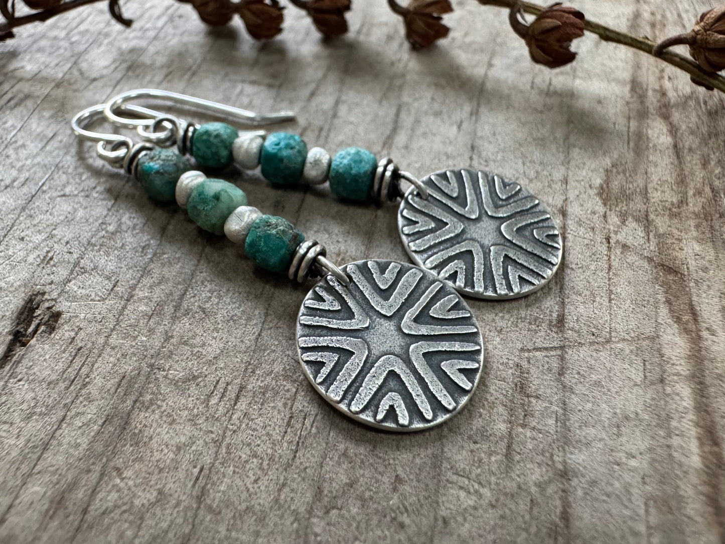Tribal-style geometric design with turquoise bead stack