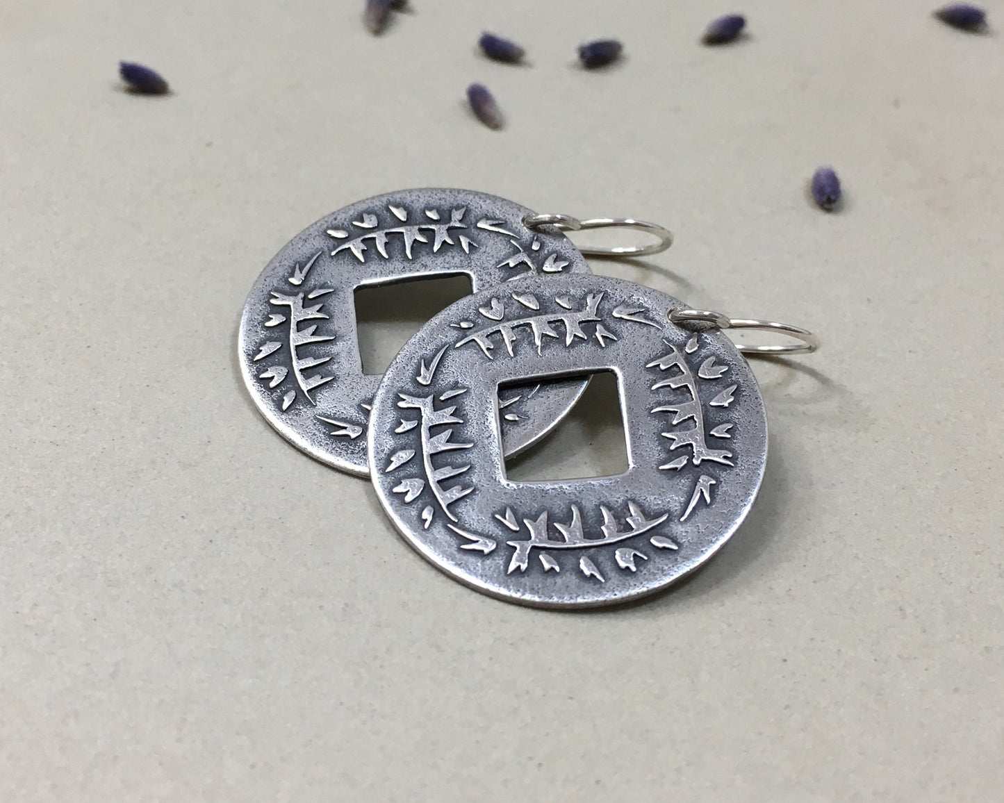 Pine branch coin earrings in oxidized sterling silver