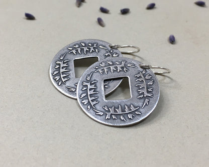 Pine branch coin earrings in oxidized sterling silver
