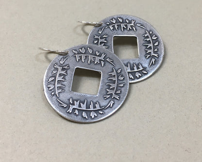 Pine branch coin earrings in oxidized sterling silver