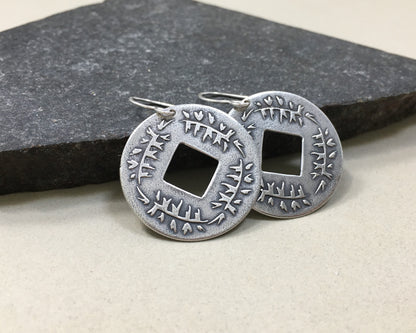 Pine branch coin earrings in oxidized sterling silver