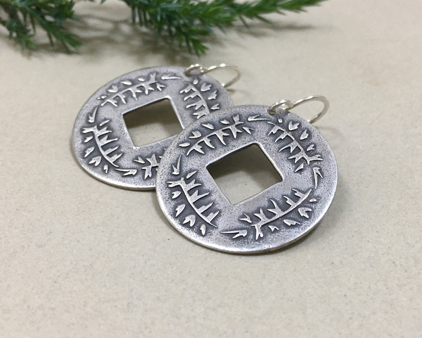 Pine branch coin earrings in oxidized sterling silver