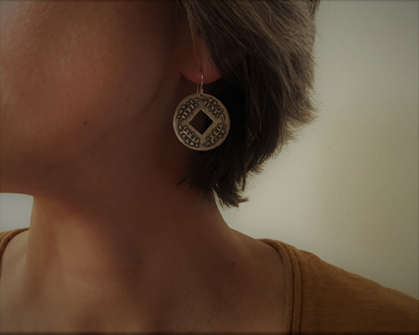 Pine branch coin earrings in oxidized sterling silver