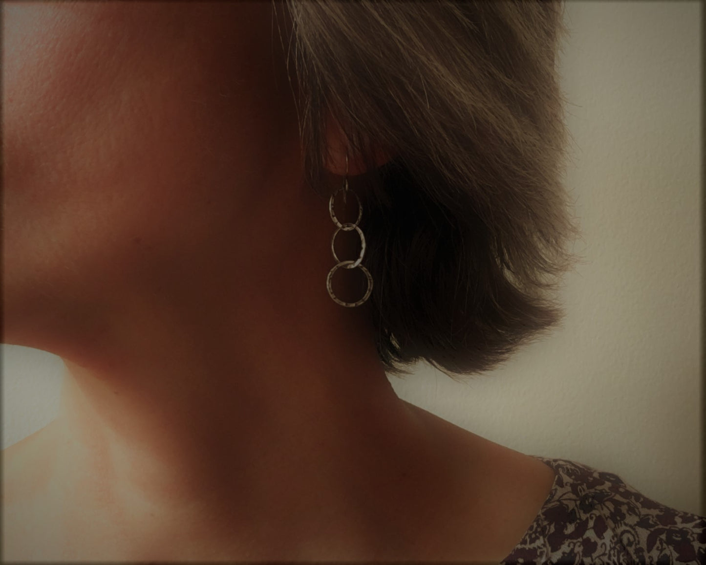 Triple linked textured hoops in oxidized sterling silver
