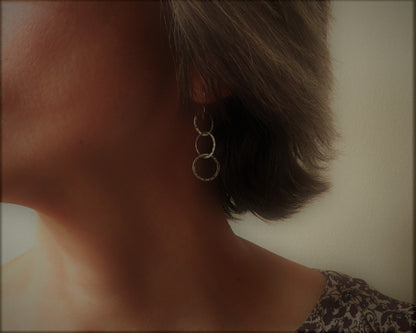 Triple linked textured hoops in oxidized sterling silver