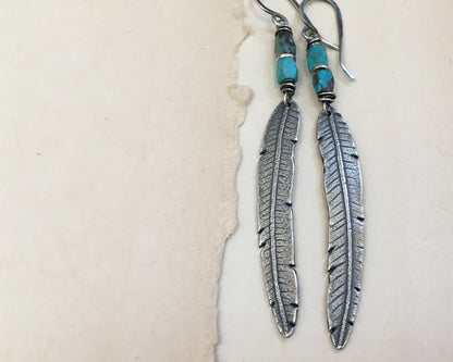 Rustic boho silver feather earrings with turquoise