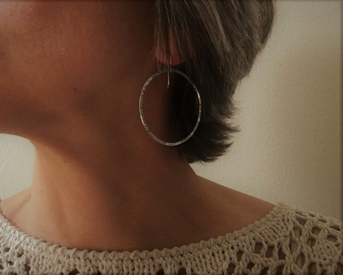 Large textured hoops in oxidized sterling silver