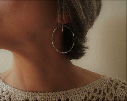 Large textured hoops in oxidized sterling silver