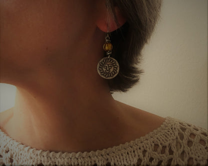 Happy sun face in oxidized sterling silver with gold foil bead