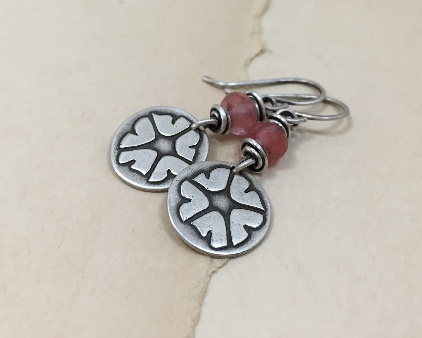 Pink petunia earrings in sterling silver with cherry quartz