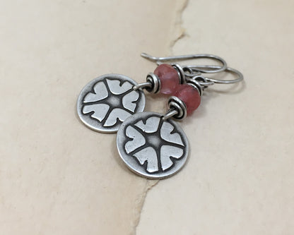 Pink petunia earrings in sterling silver with cherry quartz