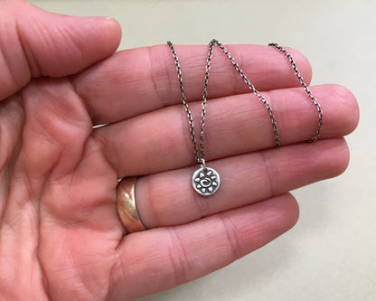 Tiny tribal style sun necklace in oxidized sterling silver