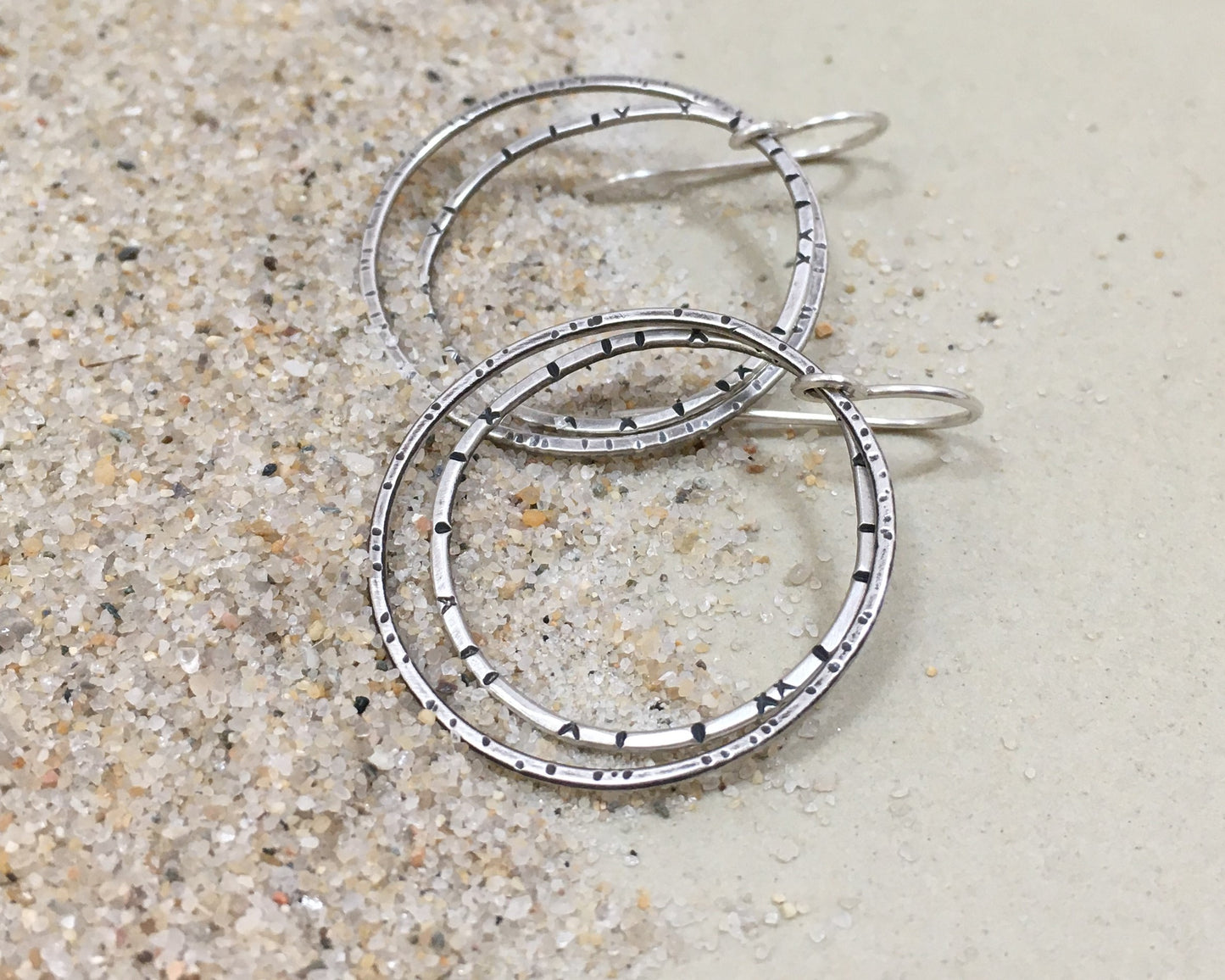 Double Irregular textured hoops in oxidized sterling silver