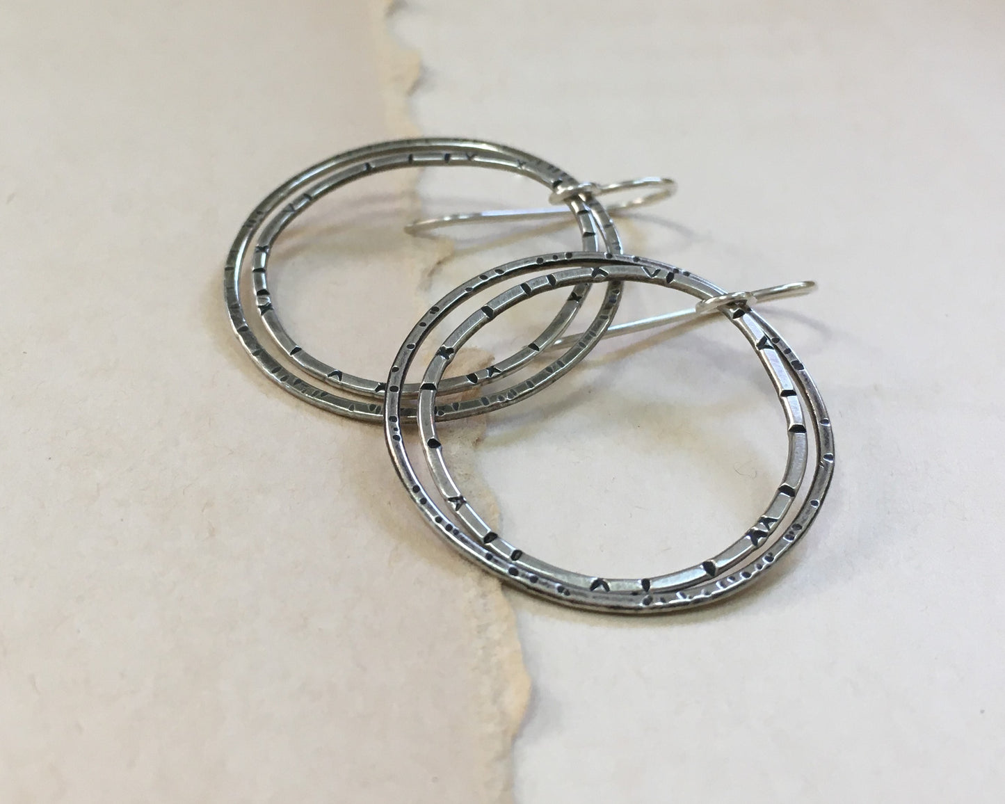 Double Irregular textured hoops in oxidized sterling silver