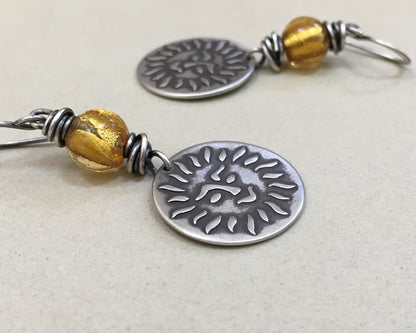 Happy sun face in oxidized sterling silver with gold foil bead