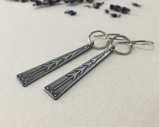 Lone pine tree earrings - long dangle with hoop in oxidized silver