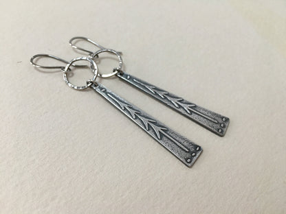Lone pine tree earrings - long dangle with hoop in oxidized silver