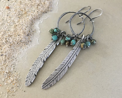 Bohemian silver feather earrings with African turquoise