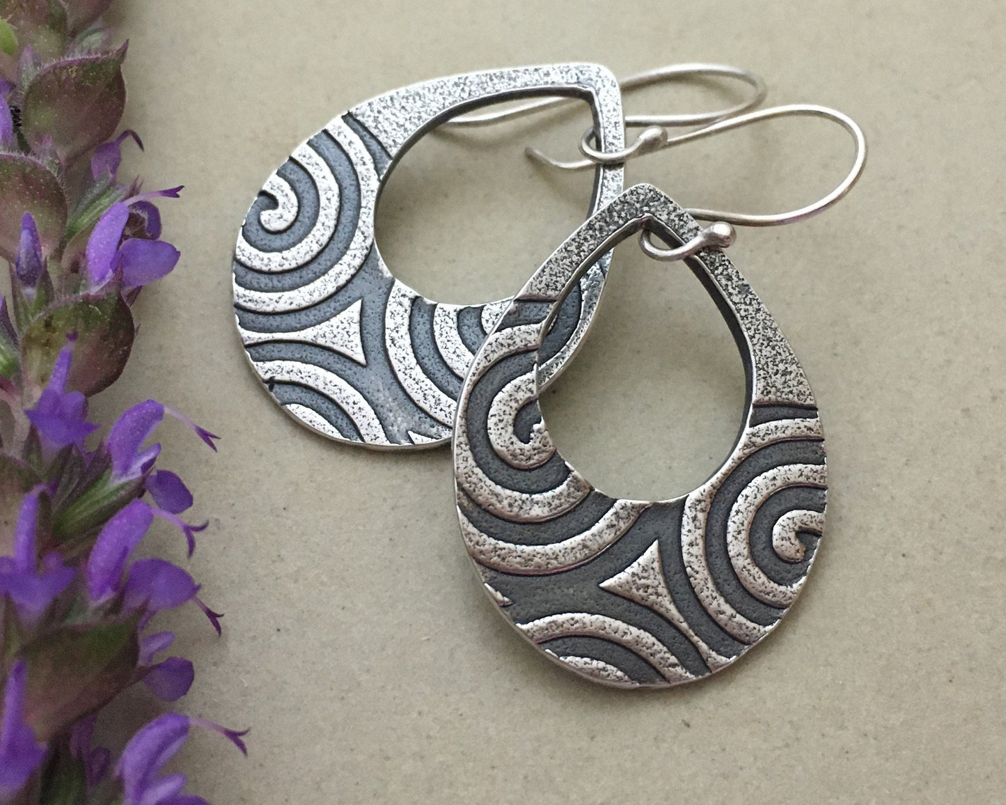 Geometric spiral teardrops in oxidized sterling sterling