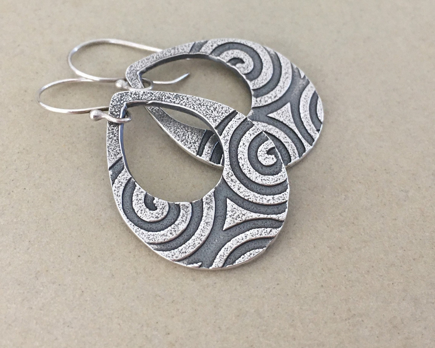 Geometric spiral teardrops in oxidized sterling sterling