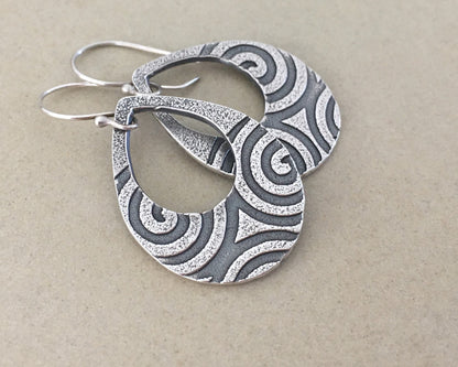 Geometric spiral teardrops in oxidized sterling sterling