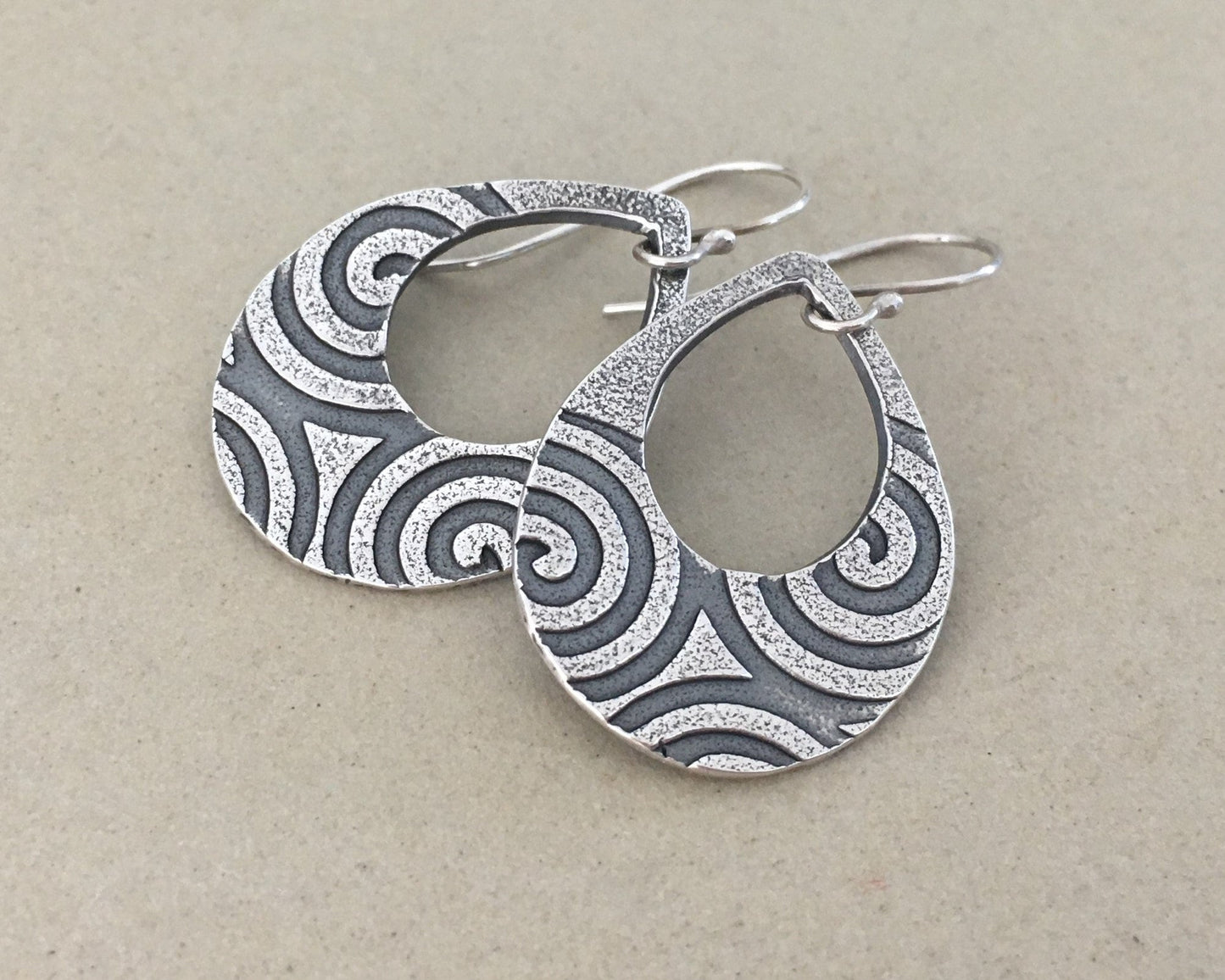 Geometric spiral teardrops in oxidized sterling sterling