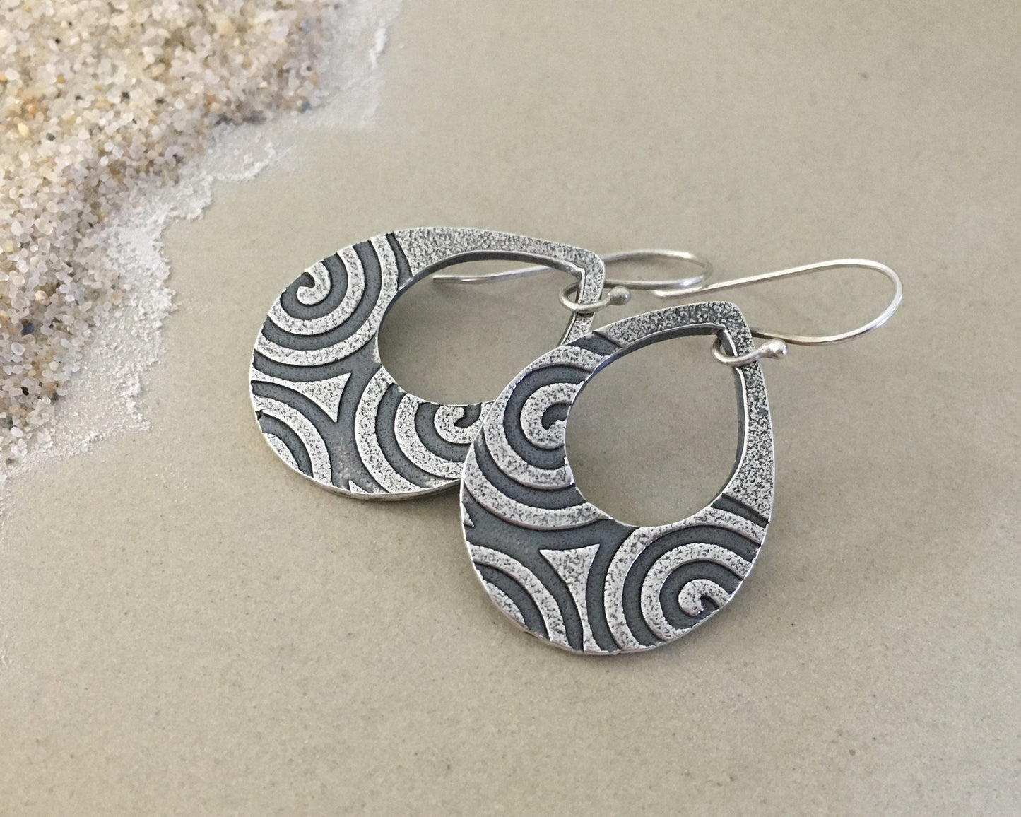 Geometric spiral teardrops in oxidized sterling sterling