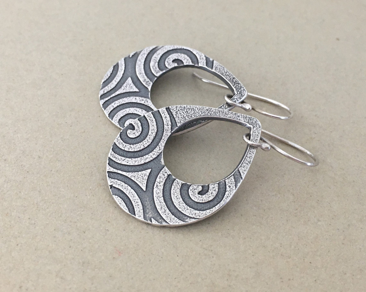 Geometric spiral teardrops in oxidized sterling sterling
