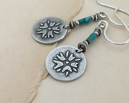 Boho southwestern flower earrings in oxidized sterling silver with turquoise beads