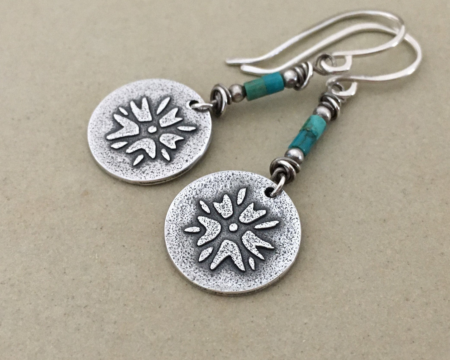 Boho southwestern flower earrings in oxidized sterling silver with turquoise beads