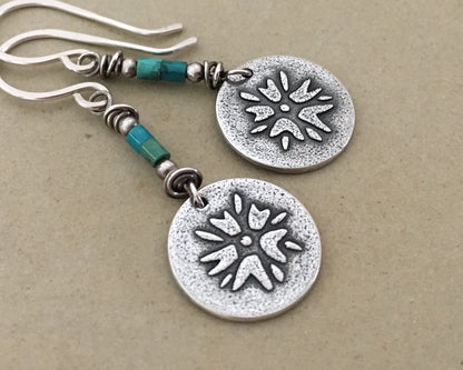 Boho southwestern flower earrings in oxidized sterling silver with turquoise beads