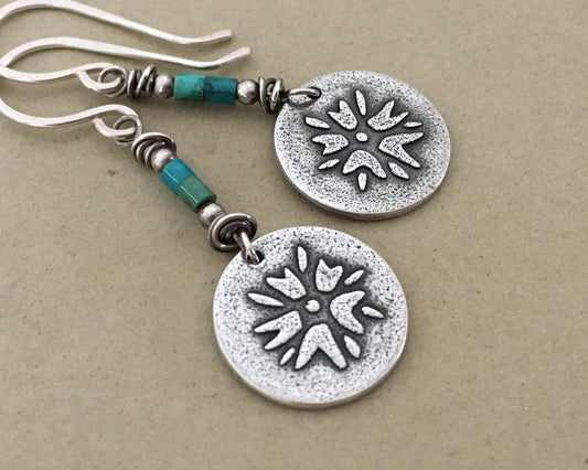 Boho southwestern flower earrings in oxidized sterling silver with turquoise beads
