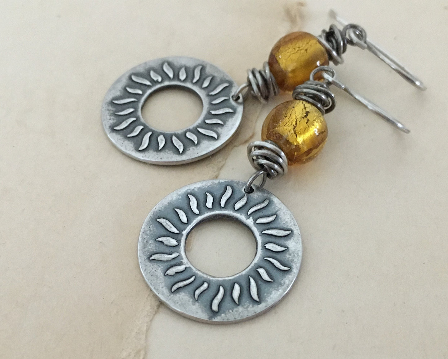 Summer sun earrings in oxidized sterling silver with gold foil glass bead