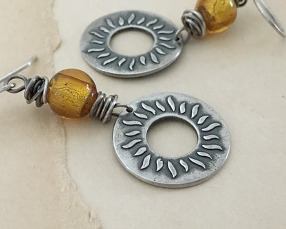 Summer sun earrings in oxidized sterling silver with gold foil glass bead