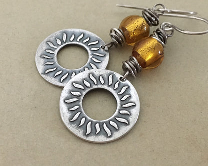 Summer sun earrings in oxidized sterling silver with gold foil glass bead