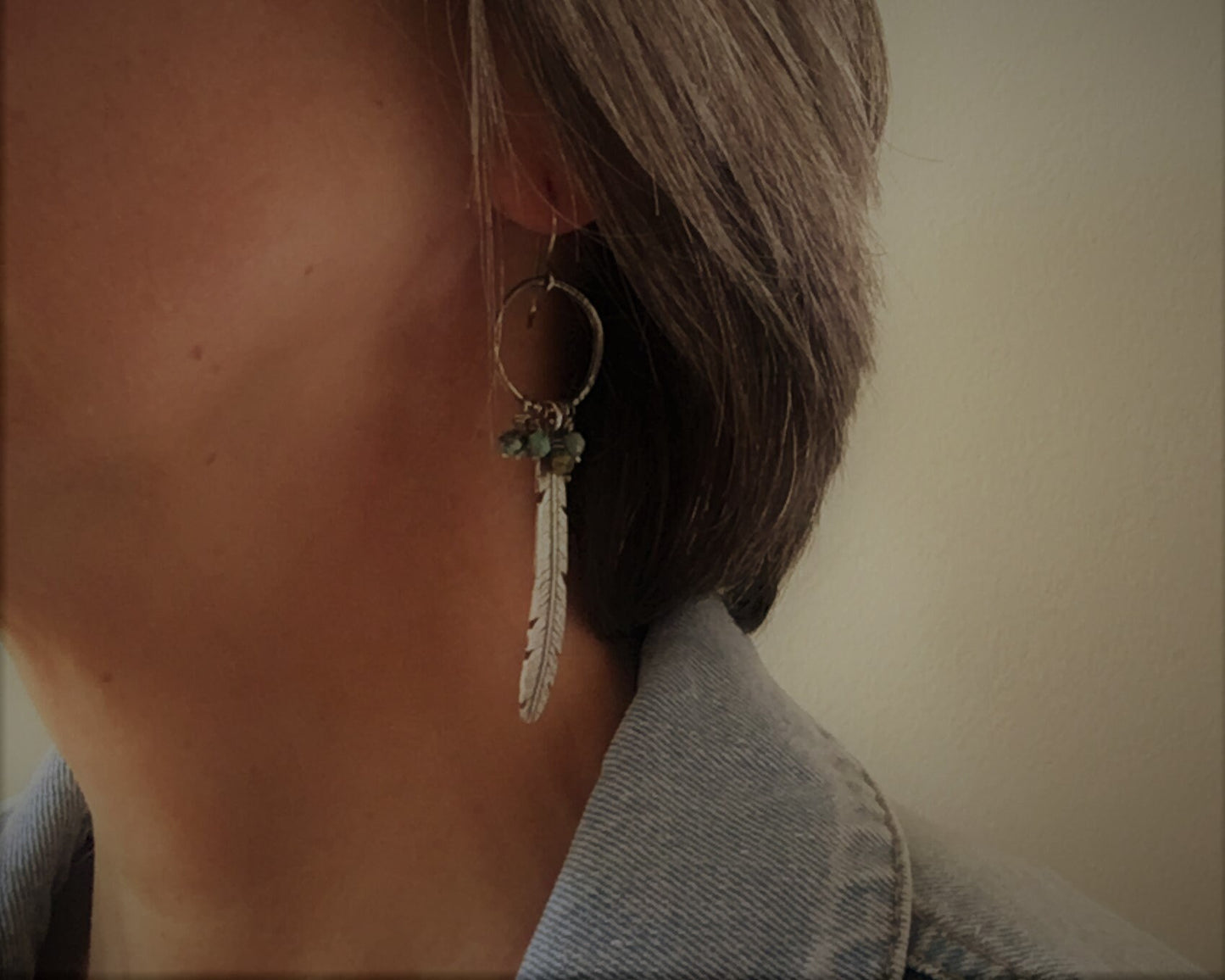 Bohemian silver feather earrings with African turquoise