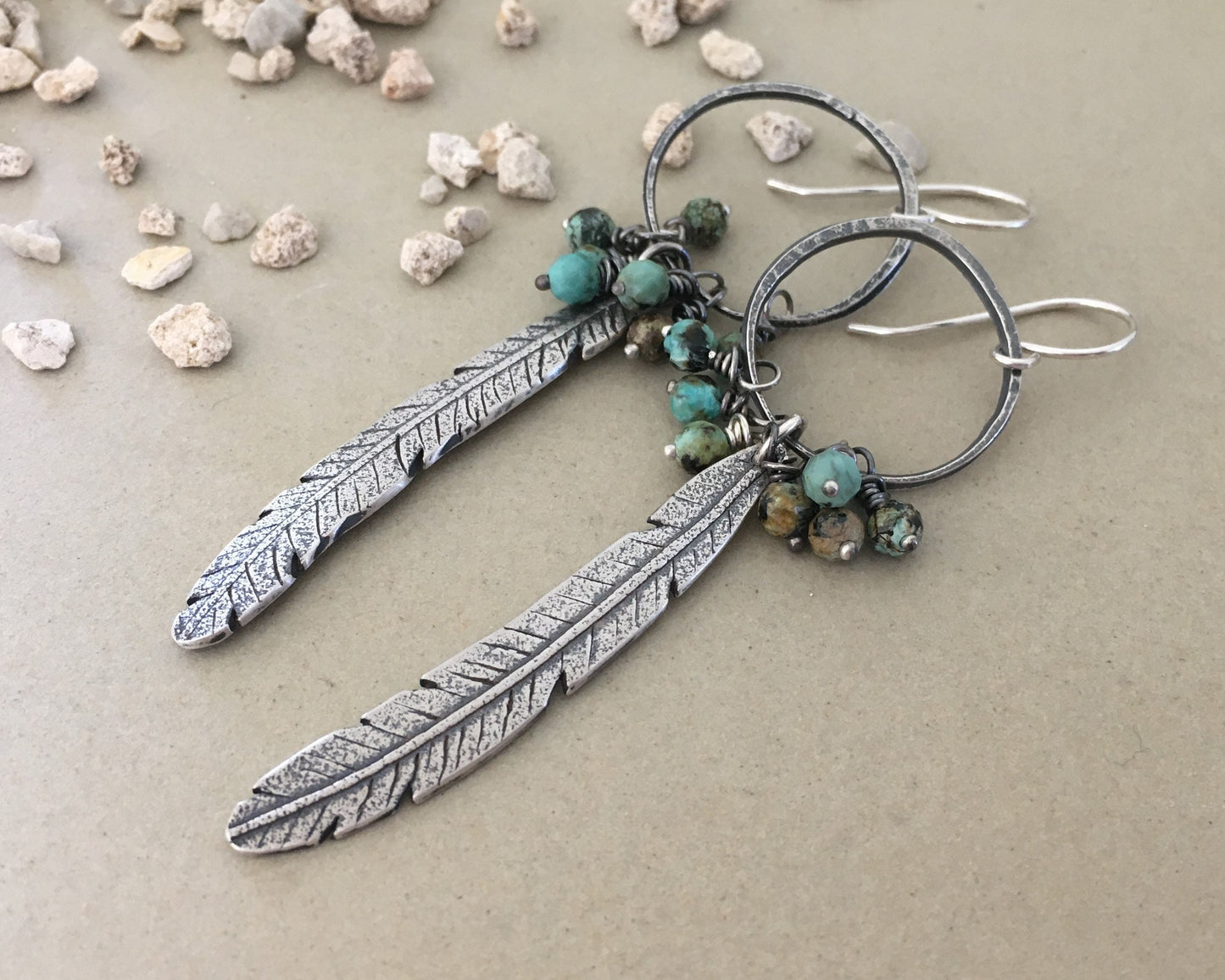 Bohemian silver feather earrings with African turquoise
