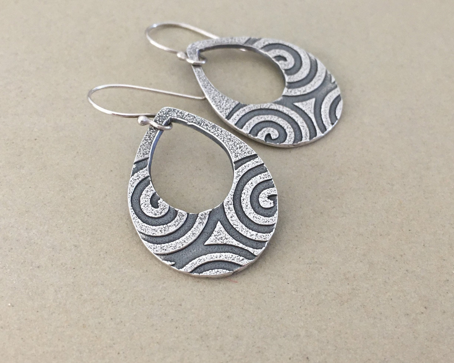 Geometric spiral teardrops in oxidized sterling sterling