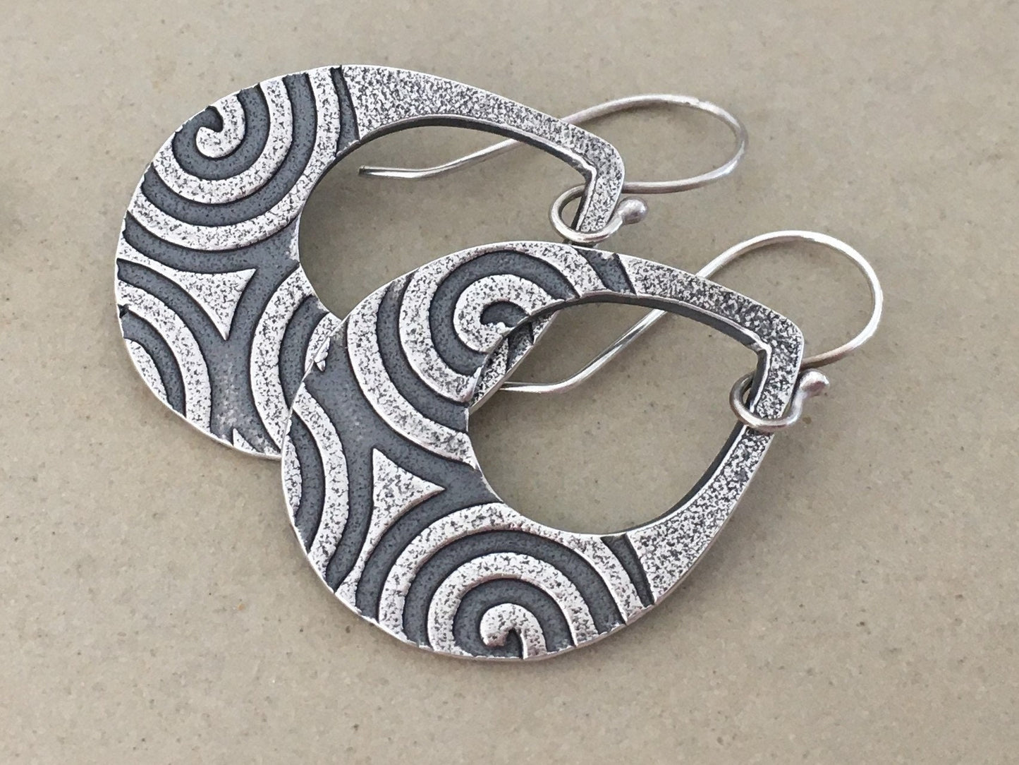 Geometric spiral teardrops in oxidized sterling sterling